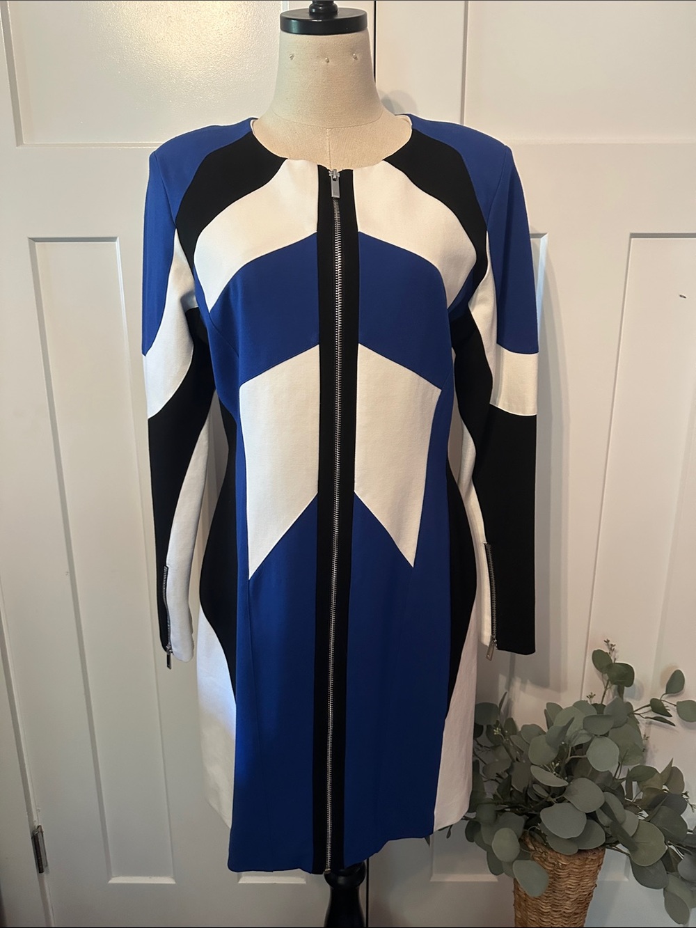 Karen Millen Moto Colorblock Ponte Biker Mini blue white black zipper 12 dress - Picture 2 of 11